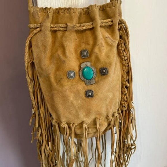 Free People Suede Leather Beaded Fringe Crossbody with Faux Turquoise - Picture 5 of 15